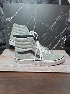 Womens Sz 8 Vans High-Top Glitter Sneakers in Silver with Black Side Stripe